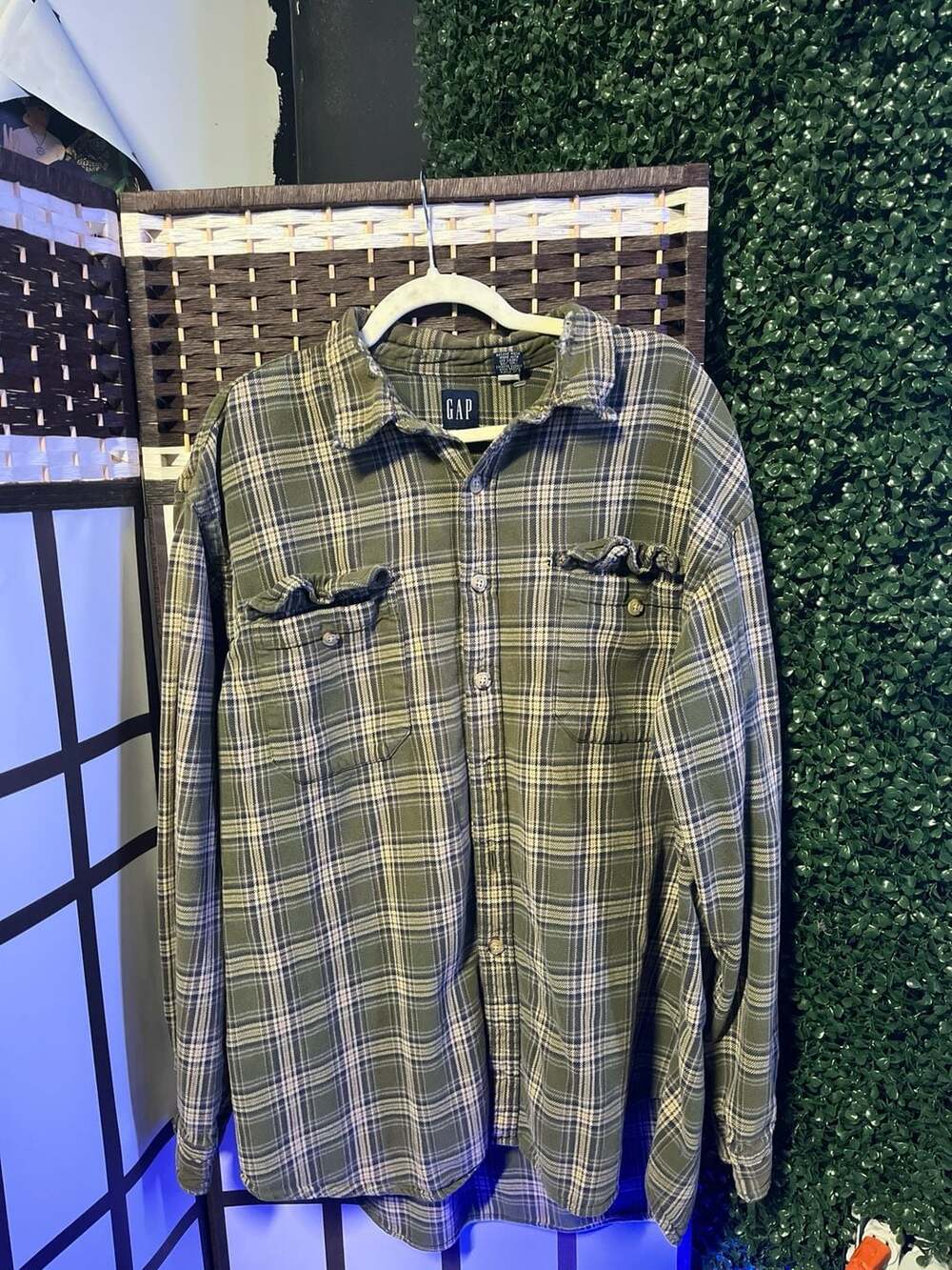 Vintage GAP Green Plaid Heavily Distressed Flannel Button-Up Shirt